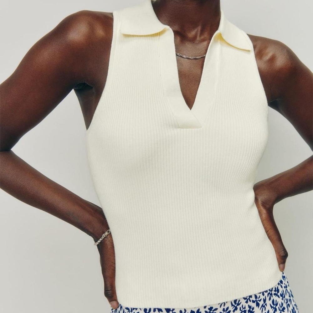 Cream Ribbed Knit Sleeveless Crop Polo Top